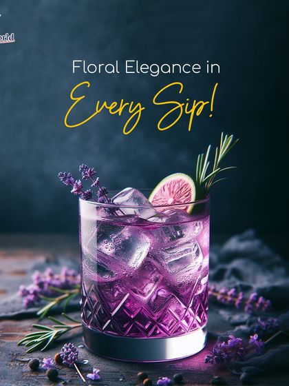 This vibrant purple cocktail showcases floral elegance, garnished with lavender and rosemary. It's a beautiful and aromatic drink, perfect for adding a touch of romance to any occasion.