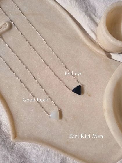 My Kiri Kiri Men collection includes these Tikona pendants in Black Onyx for warding off the evil eye and White Moonstone for good luck.