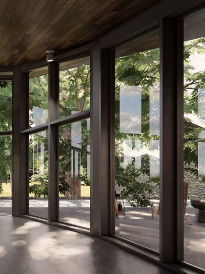 This render shows the expansive glass walls designed for 'Kasu Vaha' to maximize views and light.