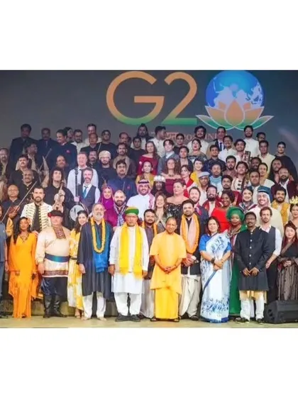The grand group photo of the G20 'Sur Vasudha' orchestra in Varanasi. It was an incredible experience to be part of this global ensemble.