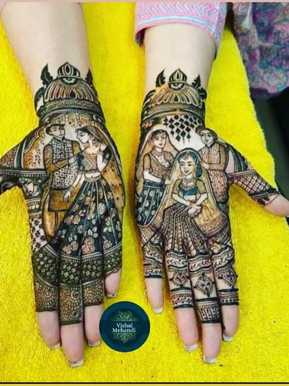 A happy bride showing her custom family portrait mehandi. I can work from your photos to create a design that includes all your loved ones.