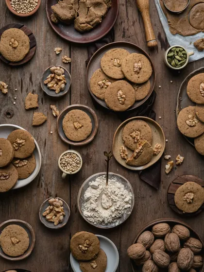 A beautiful, rustic flat lay of jowar walnut cookies. The dark wood background and scattered ingredients create a wholesome, handmade, and earthy feel.
