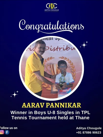 Smashing success on the court. Congratulations to our student Aarav Pannikar for winning the Boys U-8 Singles in the TPL Tennis Tournament held in Thane.