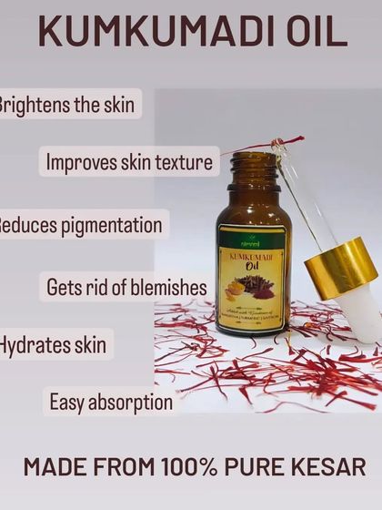 This is my Kumkumadi Oil, made from 100% pure Kesar. It brightens the skin, improves texture, reduces pigmentation, and gets rid of blemishes.