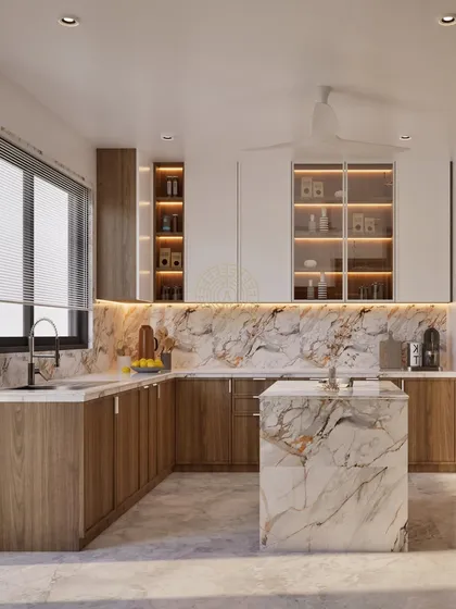 This kitchen render showcases a clean and modern design with a marble island and countertops, wood veneer drawers, and crisp white shelves with integrated lighting.