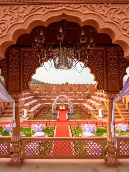 Another perspective of the royal venue, showcasing the intricate architecture and how we can integrate guest dining areas seamlessly into the grand design.