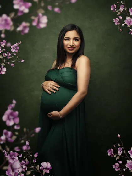 Framed by delicate purple blossoms, this portrait has a magical, garden-like feel. The deep green of her dress contrasts beautifully with the flowers.