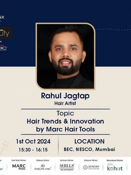 This is the official event flyer for my session on 'Hair Trends & Innovation' at the Professional Beauty India expo in Mumbai. It details the topic and my partnership with MARC Hair Tools for the live demonstration.