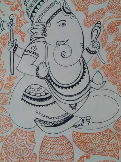 This drawing combines a central figure of Lord Ganesha with a background of detailed doodle patterns. It's a technique I teach to help students create complex and meaningful compositions using simple line art.