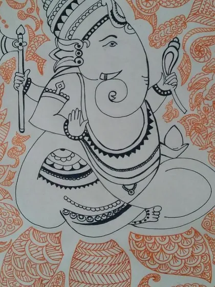 This Ganesha doodle is a perfect example of how we combine drawing with intricate pattern work. The student first drew the main figure and then filled the background with beautiful, detailed designs. It is a very relaxing and rewarding process.
