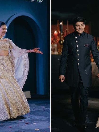 A diptych from Tanya and Suyash's evening celebration. It captures the bride's graceful dance performance and the couple's happy entrance, showcasing the joy and elegance of the night.