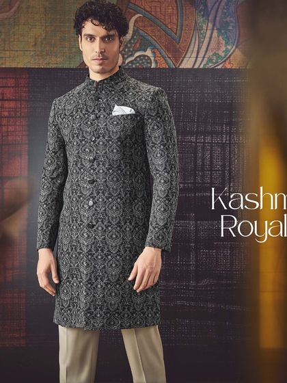 From our Kashmir Royale collection, this double-breasted bandhgala jacket features a sophisticated all-over pattern, exuding an air of heritage and elegance.