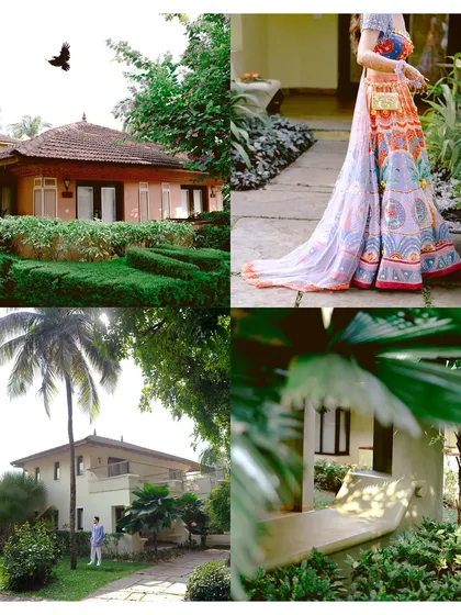 A collage capturing the charming, villa-style architecture and lush greenery of the Novotel Dona Sylvia Beach Resort in Goa, setting the scene for a vibrant Mehendi party.