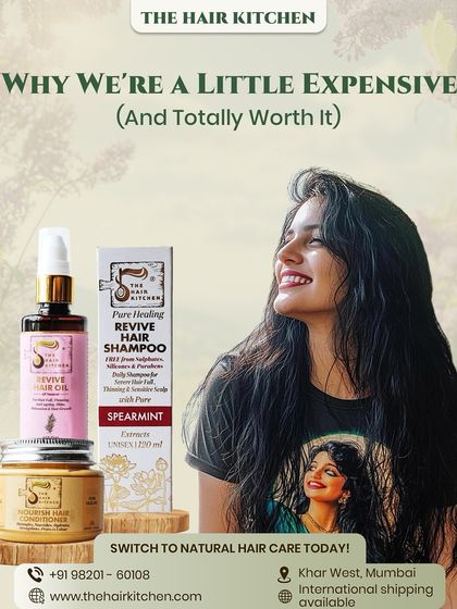 People often ask why my products cost a bit more. It's because I use real, pure ingredients for real results. This image shows some of my core products like the Revive Hair Oil and Nourish Hair Conditioner, which are totally worth the investment.