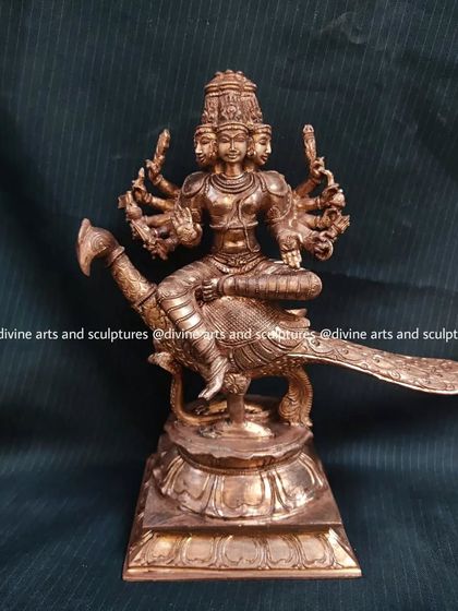 A 10-inch Panchaloha sculpture of Lord Murugan with his six faces (Shanmukha), seated on his peacock. This was a custom piece created for a client in Thailand.