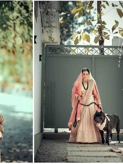 A stylish bride in a beautiful pink lehenga poses with her handsome dog, who is also dressed for the occasion. This shot is a perfect example of our pet-inclusive wedding photography.