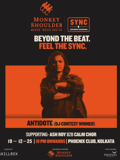 A poster celebrating the DJ contest winner, Antidote, for the SYNC event in Kolkata.