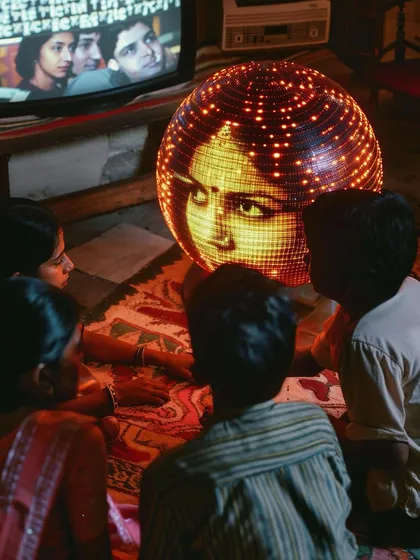 The 'Chakraview' in use, displaying a woman's face while a family watches a TV in the background. This suggests it might be a communication or a spiritual device.