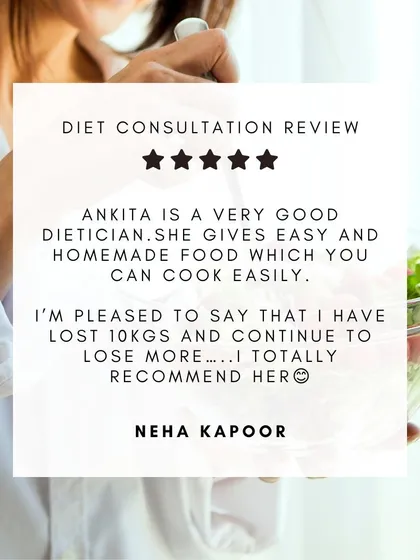 Neha's review is a perfect summary of my approach. I provide easy, homemade food plans that you can cook yourself. I'm so pleased she lost 10 kgs and continues on her health journey.