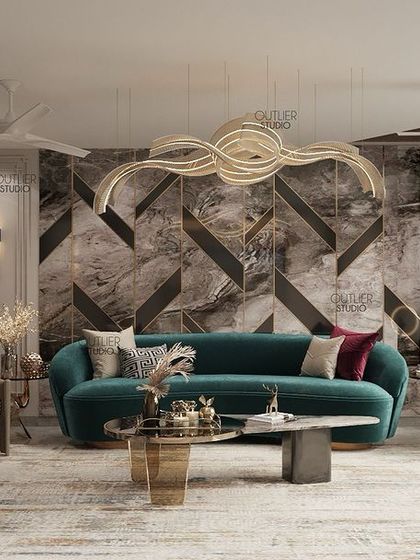 This living room features a striking feature wall with geometric marble inlay. I paired it with a modern sculptural chandelier and a curved teal sofa to create a space that is both artistic and comfortable.