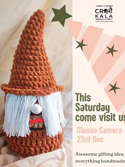 Ho Ho Ho. An announcement for my Christmas pop-up stall, featuring this adorable gnome amigurumi. Handmade gifts make the holiday season even more magical.