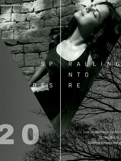 A monthly event poster for September featuring 'Spiralling Into Desire'. We support artists who use their work to explore deep, personal, and universal themes.