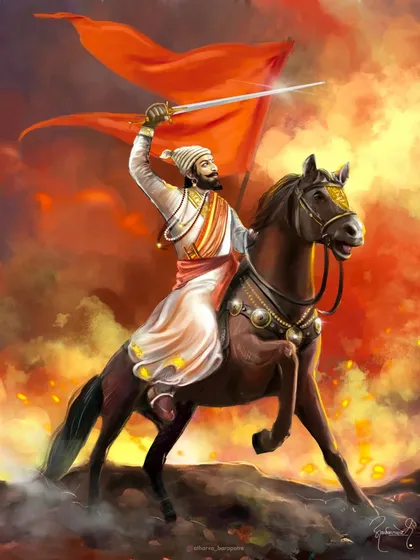 Jay Shivray! A dynamic digital artwork of Chhatrapati Shivaji Maharaj on horseback, leading with his sword held high against a fiery sky. This painting is my tribute to his unyielding spirit and leadership.
