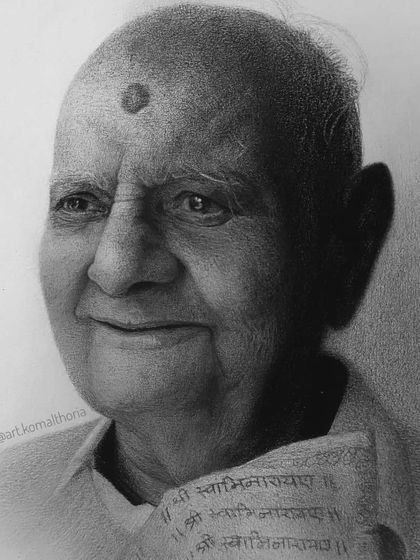 A portrait of Pramukh Swami Maharaj, where I focused on capturing his serene and compassionate expression. The cloth he wears has "Shri Swaminarayan" written on it, a key detail for this spiritual piece.