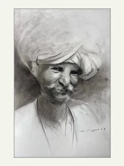 There is a unique power in charcoal, and this portrait of a Rajasthani man is a testament to it. Every line on his face tells a story, and I used deep shadows and subtle highlights to capture the essence of his character and the pride in his eyes.