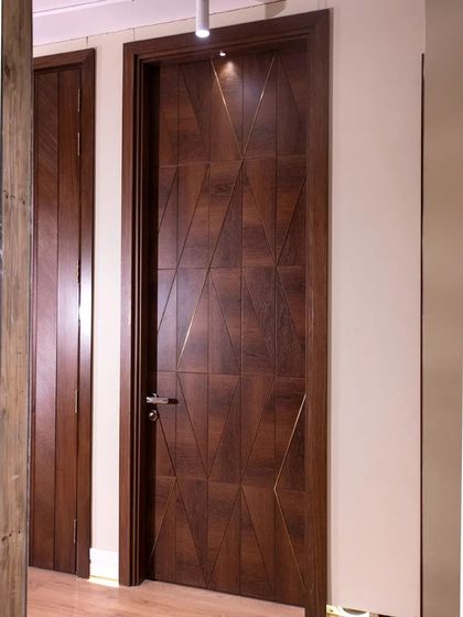 A full view of a Natural Brown Sucupira Veneer door with a geometric pattern defined by sleek metal trims. The open grain finish adds a tactile quality.