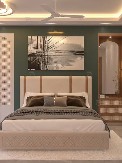 The same guest bedroom, showcasing the bed wall with a bold green accent color and wardrobes with classic rattan paneling for a warm, breathable, and elegant touch.
