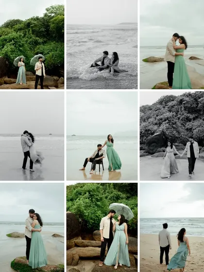 A gallery of images from a dreamy, misty day on a Goa beach. The use of an umbrella as a prop adds a touch of old-school romance to this pre-wedding shoot.