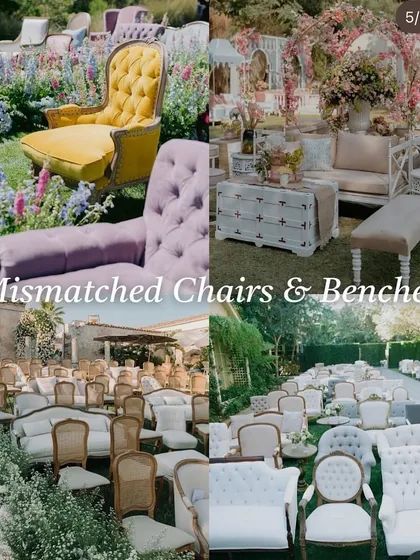 This mood board showcases the eclectic and charming "Mismatched Chairs & Benches" trend for a unique, vintage-inspired look.