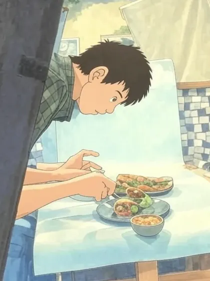 A food stylist carefully arranging spring rolls for a shot, as imagined by AI in the Ghibli style. This image captures the concentration and precision that goes into making every plate picture-perfect.