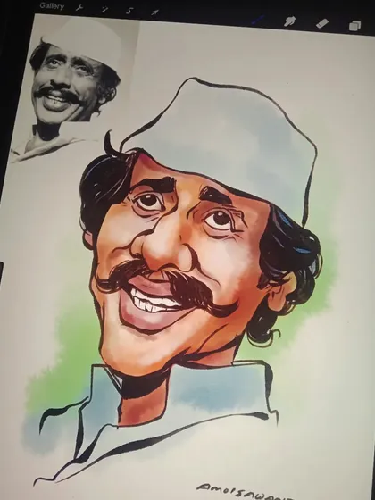 A colorful digital caricature of the legendary Marathi actor Nilu Phule, capturing his classic smile and style.