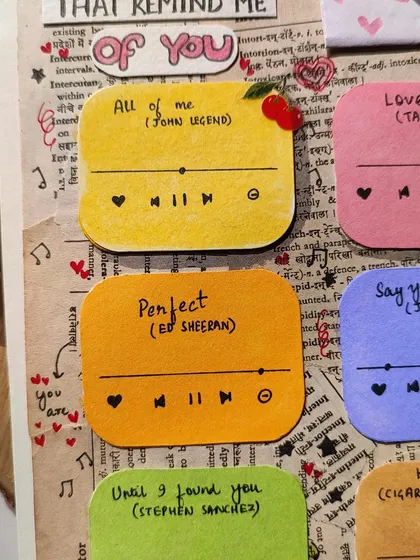 More song cards from the scrapbook, including "All of Me" and "Perfect." You can choose any songs that are special to your relationship.