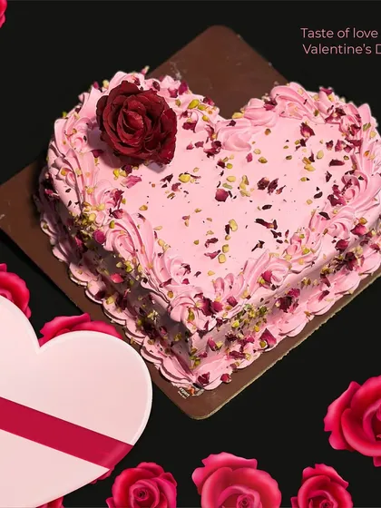 Taste the love this Valentine's Day with our beautiful rose-flavored heart-shaped cake. It's adorned with delicate pink frosting, crushed pistachios, and edible rose petals for a truly romantic dessert.
