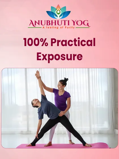I believe in learning by doing. In my course, you get 100% practical exposure. Here, you can see an instructor providing hands-on assistance to correct a student's Trikonasana (Triangle Pose), ensuring proper alignment and safety.