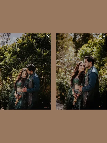 A collage of the couple sharing intimate moments in a sunlit garden. These portraits beautifully capture their connection and the romantic ambiance of their Udaipur wedding.