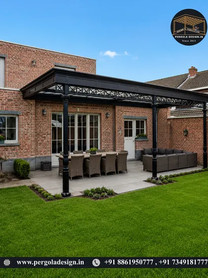 An elegant black pergola with classic design elements, including decorative columns and intricate fretwork, creating a sophisticated outdoor dining and lounge area.