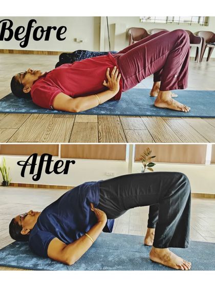 Transformation is not just about weight. Here you can see the progress in a student's Setubandhasana (Bridge Pose), from barely being able to lift to achieving a much deeper backbend.