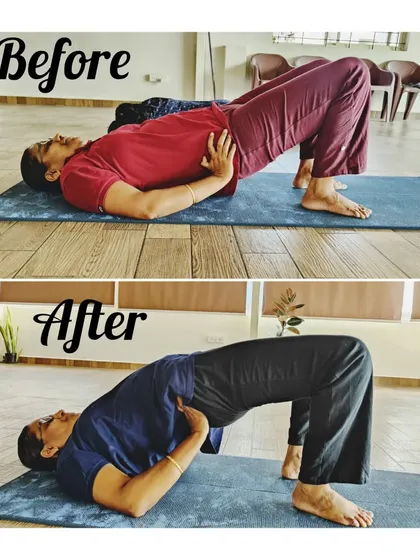 In the beginning, this student found it difficult to even lift her hips in Setubandhasana (Bridge Pose). After a few months of practice, her backbend has improved tremendously, showing a significant increase in back strength and flexibility.