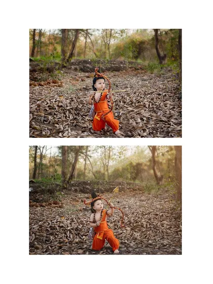 A before and after look at our editing process, adding a touch of magic and light to an already powerful shot of a young archer from the Ramayana theme.