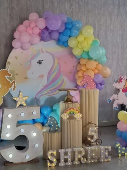 A different angle of the magical unicorn-themed 5th birthday party.