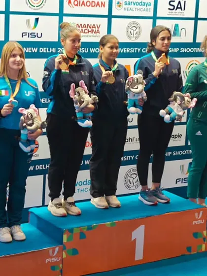 The podium for the 25M Pistol Women Team event. We provide a platform for female shooters to compete and succeed at the highest level.