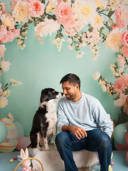Sometimes, I get to be in front of the camera too! Here I am with my best girl, Fuji, during our Easter mini-session. Capturing these sweet, personal moments is why I started this journey.
