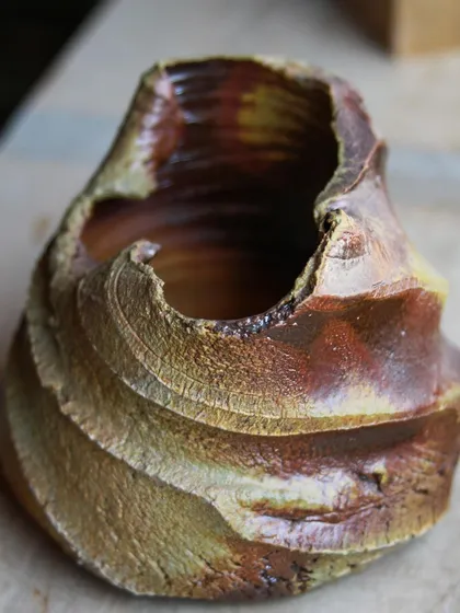 The light catches the subtle sheen of the natural ash glaze on this wood-fired vessel. The form itself is dynamic, with textures that invite you to touch and explore its surface.