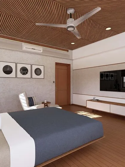 This render showcases a spacious bedroom layout with a focus on clean lines and a connection to the outdoors through a private balcony.