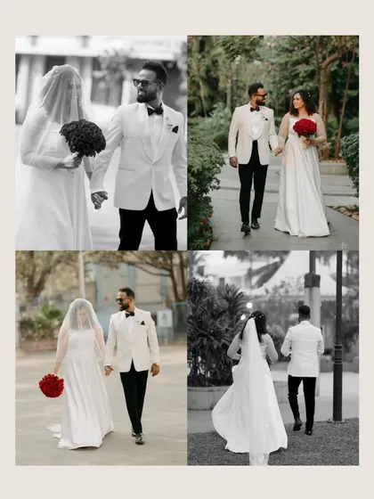 A collection of portraits of Renita and Richard. The mix of color and black and white images showcases their classic wedding attire and the romantic, candid moments of their day.