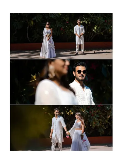 A triptych showing the "first look" moment. We capture the anticipation and the beautiful reveal, telling a small story of the moment they see each other in their beautiful outfits.